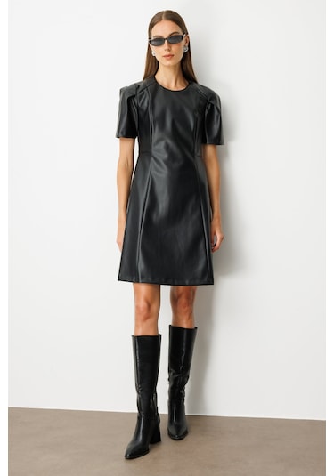 Ekol Kadın Kısa Kollu Deri Elbise 4081 Siyah Siyah