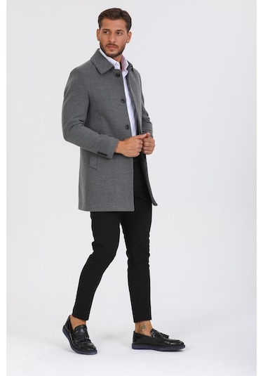 Erkek Gri Dar Kesim Yün Karışımlı Kaşe Gömlek Yaka Palto-Gri
