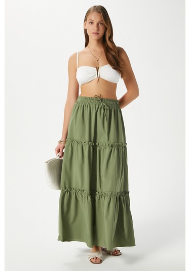 Kadın Elanora Haki Astarlı Katlı Poplin Etek Haki