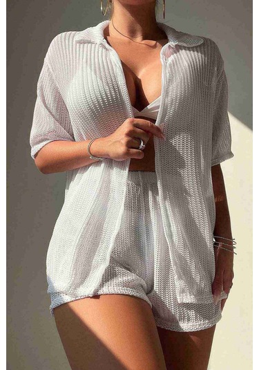 Angelsin Yaka Detaylı Gömlek Görünümlü Alt Üst Şort Takım Plaj Elbisesi Pareo Beyaz 001