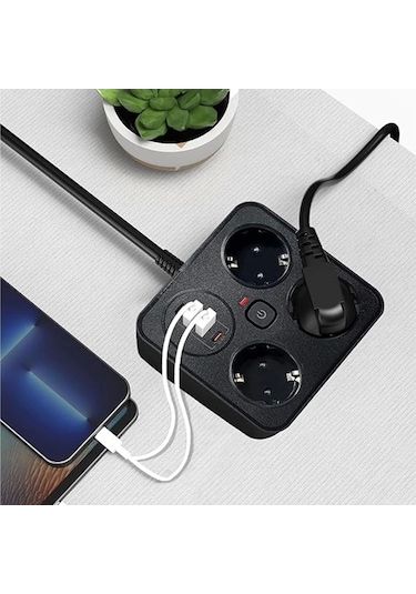 Akım Korumalı Anahtarlı Priz - 3x Priz - 2x Usb - 2x Type-c - 2 Mt Kablo Hızlı Şarj Özellikli Siyah 1