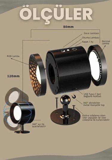 Mıknatıslı Uzaktan Kumandalı Çift Taraflı Duvar Aplik Led Aydınlatma 3 Renk Usb Şarjlı Çok Renkli