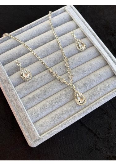 Gümüş Renk Düğün Nişan Kına Damla Zirkon Taşlı Abiye Küpe Kolye Set Takım