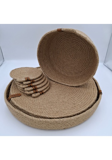 6 Kişilik 14 Parça Hasır Rengi Amerikan Servis, Hasır Supla Takım Naturel