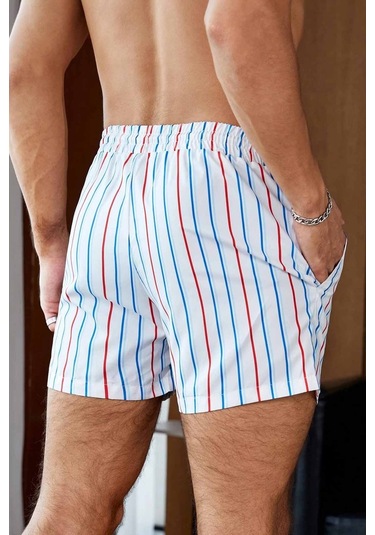Angelsin Erkek Basic Standart Boy Renkli Çizgili Baskılı Mayo Cepli Deniz Şortu 001