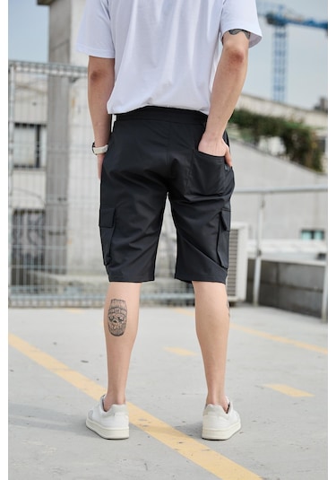 Siyah Renk Kargo Cepli Paraşüt Kumaş Erkek Şort-1555 Siyah