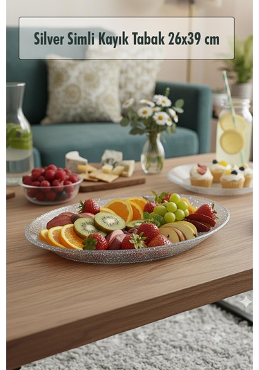 Silver Simli Büyük Kayık Tabak Sunum & Servis Tabağı - 26,5 X 39,5 Cm Gümüş