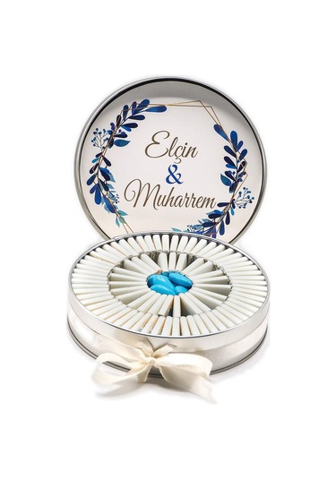 Nin Söz ve Nişan Çikolatası Metal Yuvarlak Kutu Mavi Yaprak Baskılı 80 Adet Napoliten Çikolata