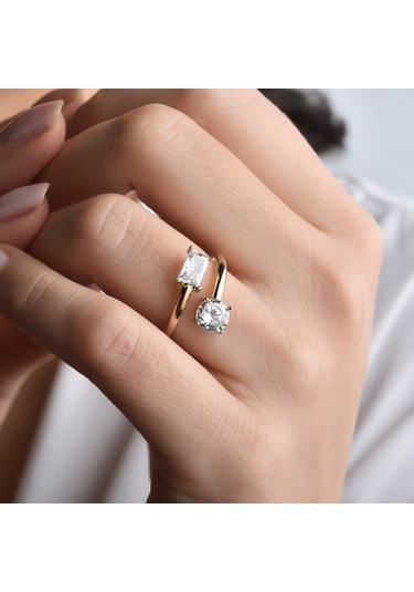 14 Ayar Altın Kaplama Baget Ve Yuvarlak Kesim Taşlı Yüzük - Rs00115 Altın