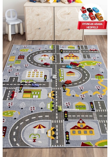 Konfor Halı 3 Boyutlu Gri Trafik Arabalı Ana Okulu Kreş Halısı Dokuma Çocuk Oyun Halısı
