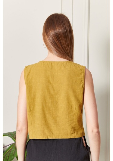Şık Farklı Tarz Asi Keten Bluz - Modern Ve Cesur Tasarım HARDAL