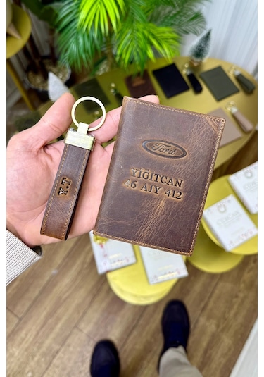 Premium Deri Ruhsat Kılıfı Ve Anahtarlık Seti Eskitme Taba