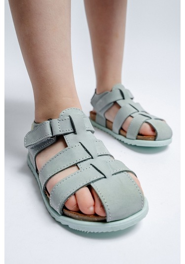 Mnpc Unisex Çocuk Su Yeşili Hakiki Deri Mantar Tabanlı Günlük Çocuk Sandalet 25y2s10048438 Su Yeşili