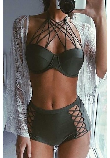 Angelsin Haki Yeşil Yüksek Bel Bikini Takım (402449850)