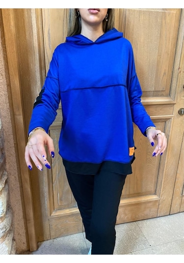 Modaserdem Kadın Kapşonlu Etek Ucu Detay Armalı Ters Dikiş Gorunumlu Ikili Takım Mavi