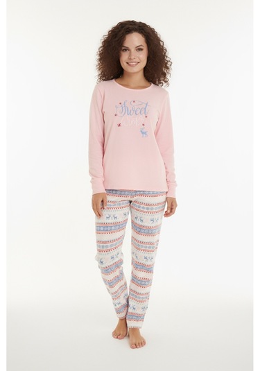 Luxury Thermal Sweet Winter Geyik Desenli Kadın Polar Kışlık Pijama Takımı 42054 Pembe