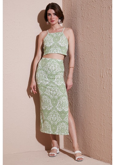 Lela Slim Fit Ip Askılı Yırtmaçlı Midi Alt-Üst Bayan Takım 5869021 Olive
