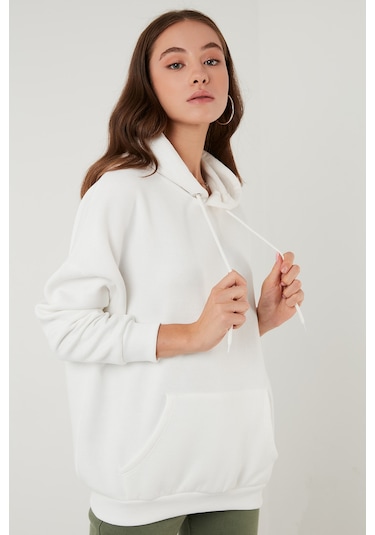 Lela Regular Fit Pamuklu Kapüşonlu Yaka Şardonlu Kışlık Bayan Sweat 5863854 Ekru