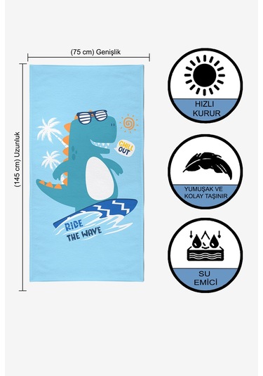 Surf Dino Dijital Baskılı 75x145 Cm Çocuk Plaj Havlusu