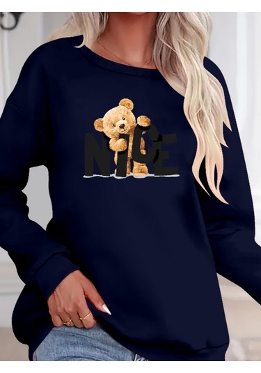 Supplierby Kadın Uzun Kollu Bisiklet Yaka Viskon Iki Iplik Bluz Lacivert