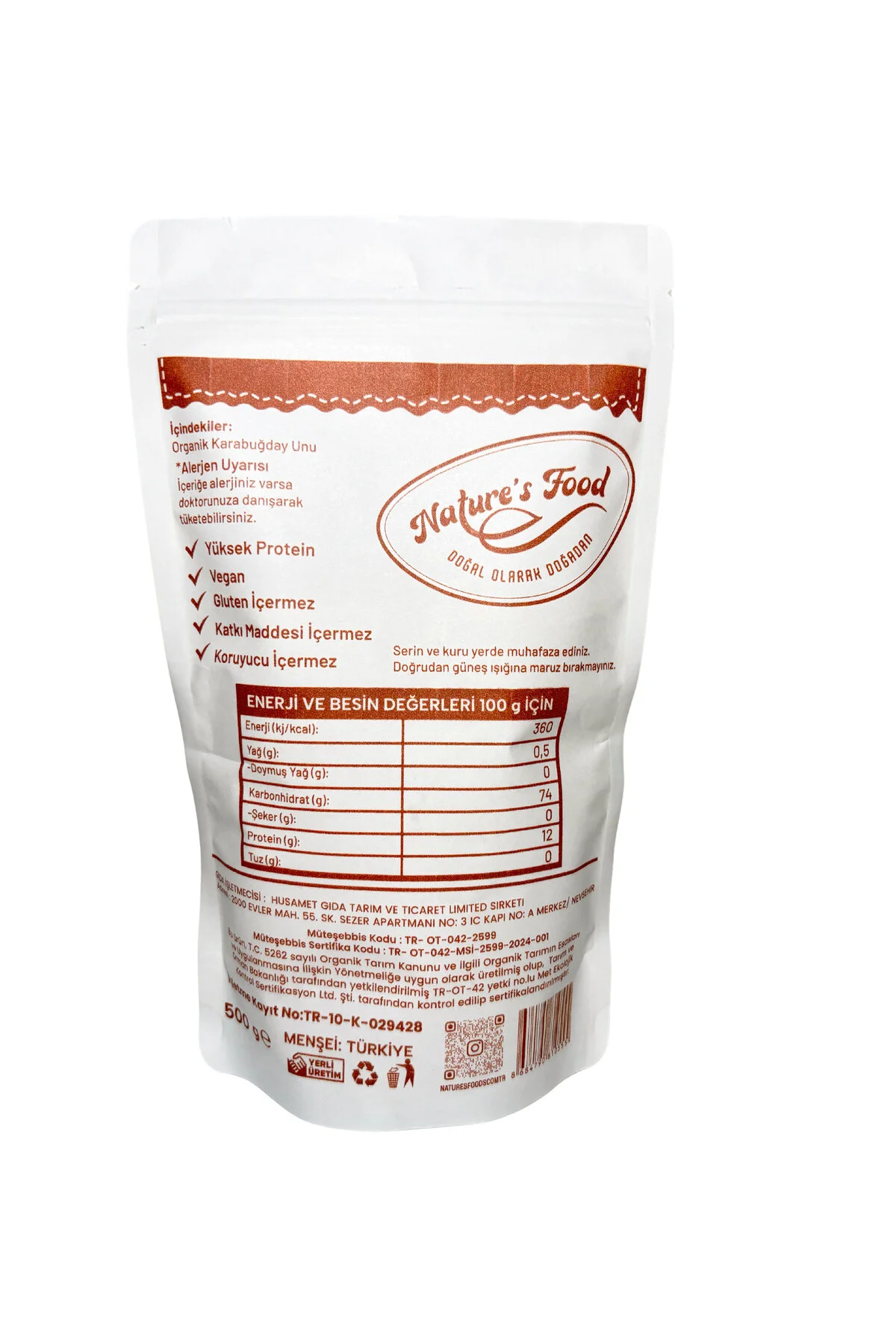 Organik Karabuğday Unu 500gr Pestisit Analizli Organik Sertifikalıdır.