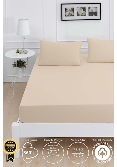 Mirava Premium %100 Pamuk Penye Lastikli Tek Kişilik Çarşaf Takımı 1 Yastık Kılıfı Dahil Bej 100x200cm Bej