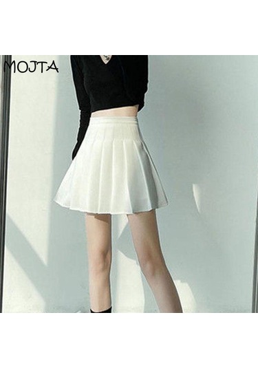 Siyah Yaz Kadın Etek Tarzı Pileli Etek Şık Öğrenci Yüksek Bel A-line Etek Kadın Siyah