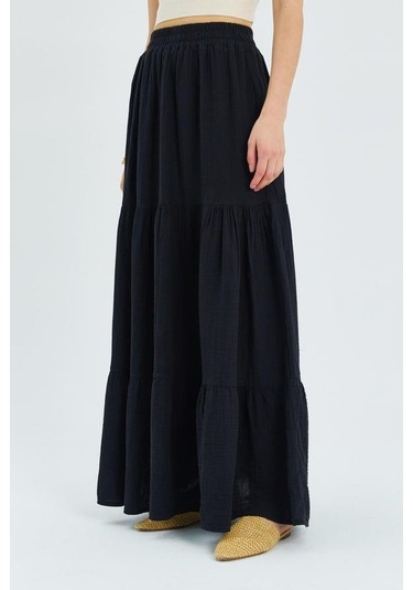 4567 Kadın Fırfırlı Uzun Müslin Etek Siyah Siyah