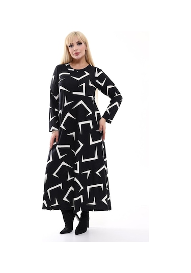 Kadın Büyük Beden Yumuşak Dokulu Siyah Geometrik Desen Elbise Siyah - Beyaz Geometrik