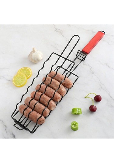 Pazly Paslanmaz Çelik Sosis Izgara Seti, Taşınabilir Pratik Mangal Aparatı, 48.5x9cm Siyah Siyah