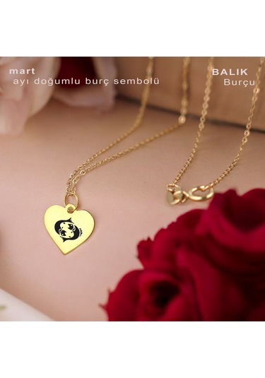 Balık Burçlarına 14 Ayar Altın Plakalı Kalp Motifli Zincirli Hediyelik Kolye-352burç Balık