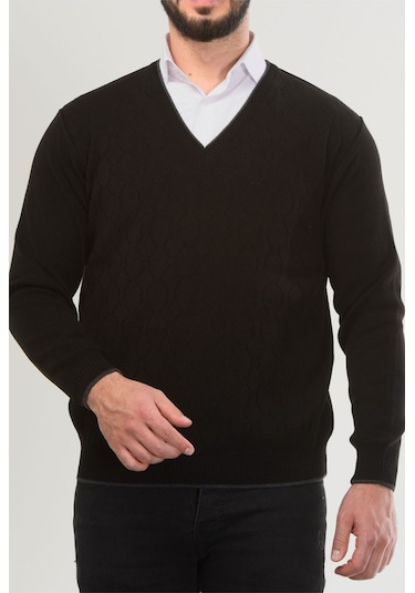 Kamalı Siyah Erkek V Yaka Triko Uzun Kol Standart Fit Tüylenmeyen Triko Kışlık Örgü Kazak Siyah