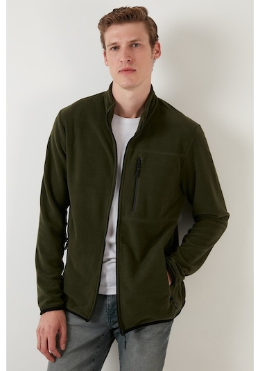 Buratti Slim Fit Fermuarlı Cepli Dik Yaka Polar Erkek Hırka 5906028 Haki