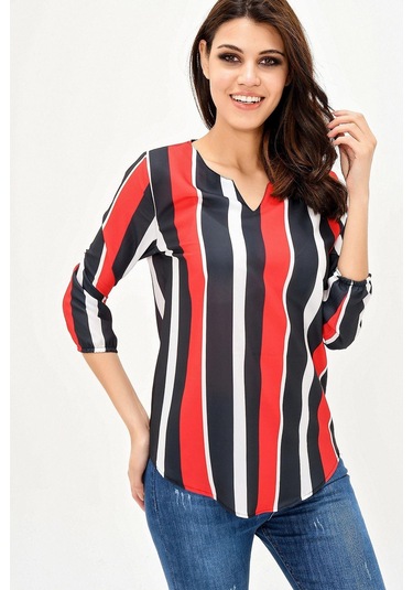 Kadın Lacivert & Kırmızı Yakası Yırtmaçlı Çizgili Krep Bluz Truvakar Kol Kaliteli Dokulu Kumaş Lacivert - Kırmızı