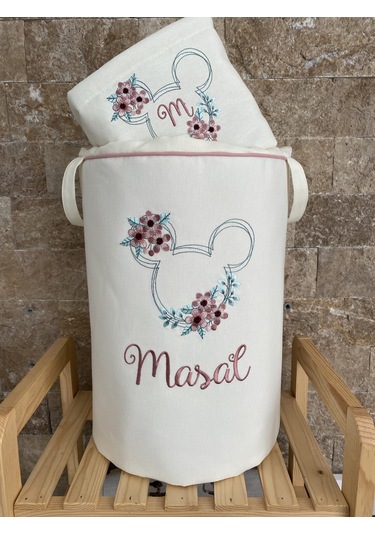 HS Hometex Minnie Mouse Nakışlı Bez Kirli & Oyuncak Sepet Seti