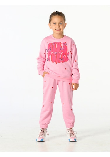 Kalp Desenli Girl Power Eşofman Takım Pembe