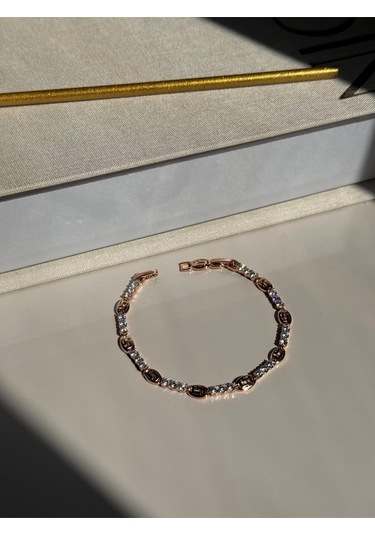 Zincir Motifli Zirkon Taşlı Altın Renk Çelik Bileklik Şık Kadın Takı Gümüş