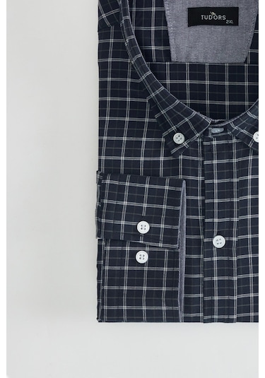 Tudors Büyük Beden Düğmeli Yaka Küçük Kareli Pamuklu Erkek Gömlek-31404-çok Renkli