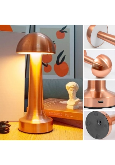 Buffer Mantar Model Bronz Renk Şarjlı Dokunmatik 3 Renkli Led Masa Lambası Bronz
