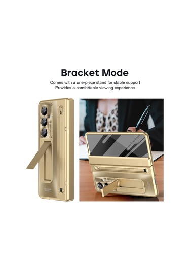 Samsung Galaxy Uyumlu Z Fold7 5g Kılıf Destekli Menteşeli Pc Telefon Kılıfı, Temperli Cam Filmi Ve Kalem - Altın Altın