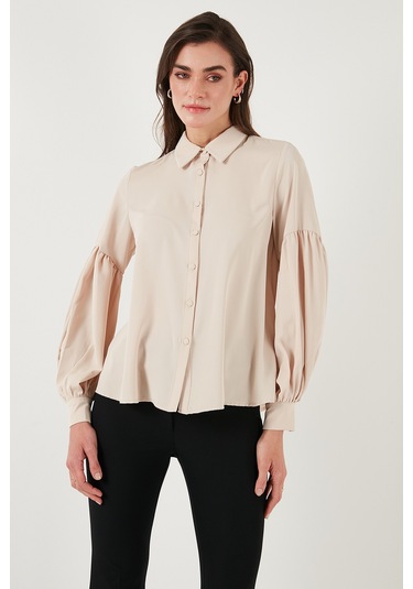 Lela Regular Fit Dikiş Detaylı Düz Yaka Balon Kol Bayan Gömlek 611Go00003 Taş
