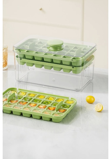 Tilbe Home 2'li Yeni Nesil Basmalı Çift Buz Kalıbı Buzluk Kapaklı Saklama Kutulu 56 Bölmeli Haznel Renkli