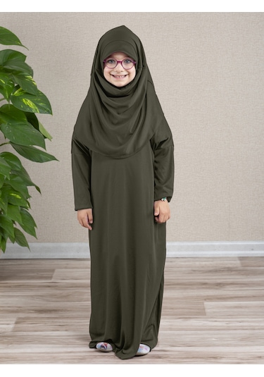 Dua Giyim Tek Parça Kız Çocuk Pratik Namaz Elbisesi Haki