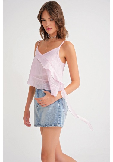 4736 Kadın Fırfırlı Askılı Bluz Pembe Pembe