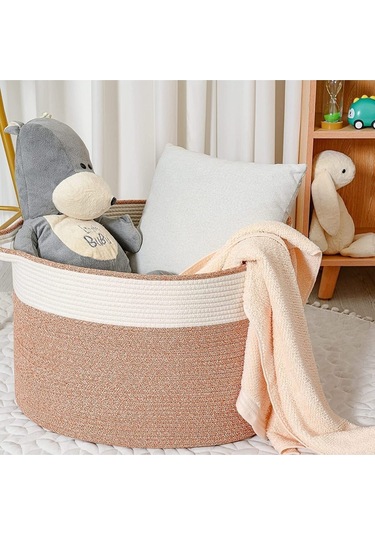 Shahbaz Özel Pamuklu Jüt Battaniye Sepeti Hasır Oyuncak Sepeti Jüt Çamaşır Sepeti 40-30 Hasır