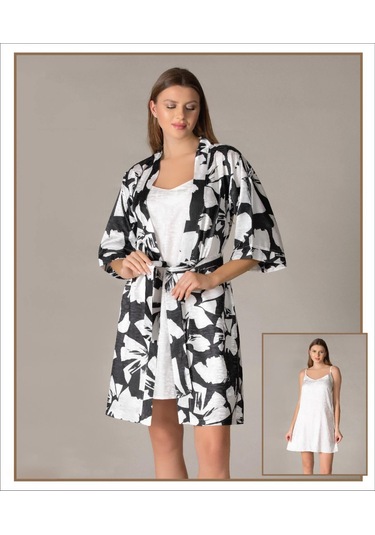 Jakarlı Saten Desenli İp Askılı Gecelik Sabahlık 2li Set Flz 32-63 Siyah