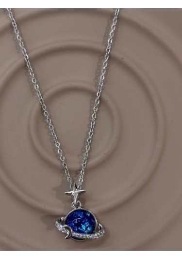 Kristal Taşlı Gezegen Çelik Kolye Gümüş