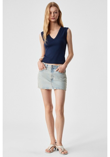 Lescosa Kadın Slim V Yaka Kolsuz Lacivert Bluz