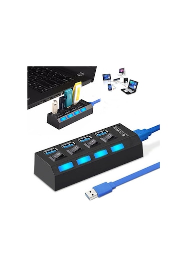 Usb 3.0 4 Port Çoklayıcı Hub Anahtarlı Işıklı On Off Chipli Model