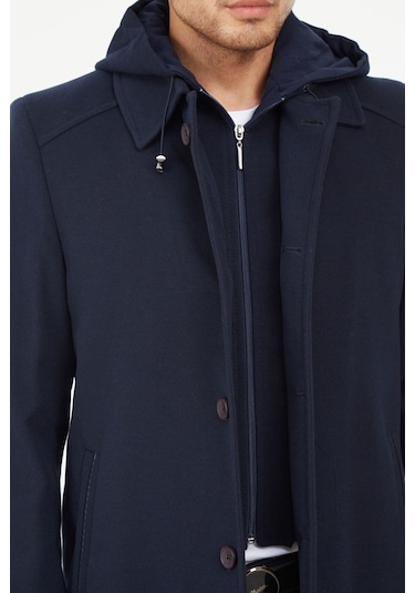 Sposo 1704 Çıkma Kapşonlu Yün Kaşe Açık Lacivert Erkek Kaban Açık Lacivert